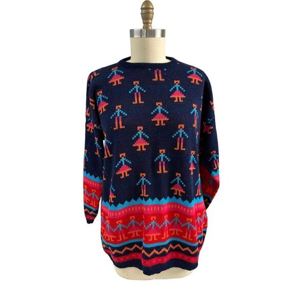 VTG Y2K Pixelated People Stick Figure Sweater 90s Blue Red Ugly XL Unisex - Picture 1 of 6